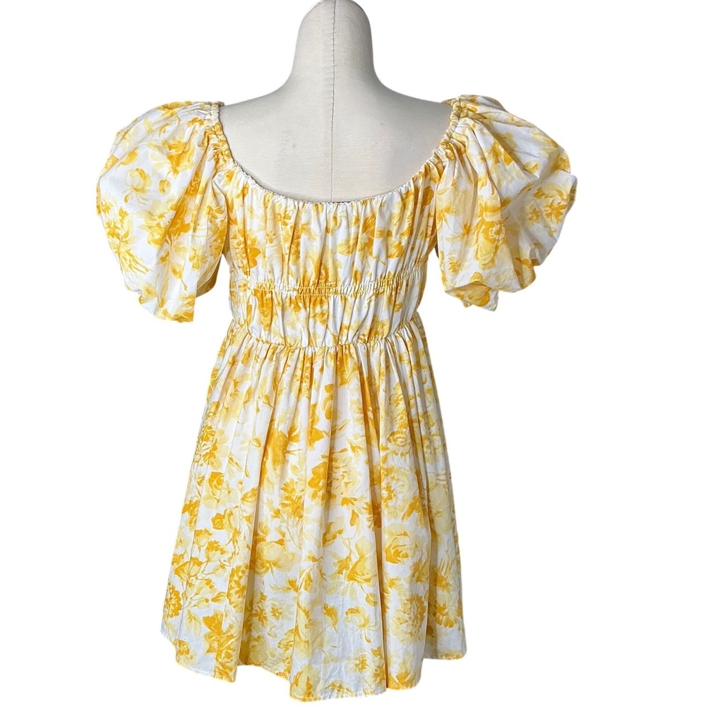 Abercrombie & Fitch Yellow Floral Puff Sleeve Smocked Mini Dress Womens Medium - Picture 4 of 10